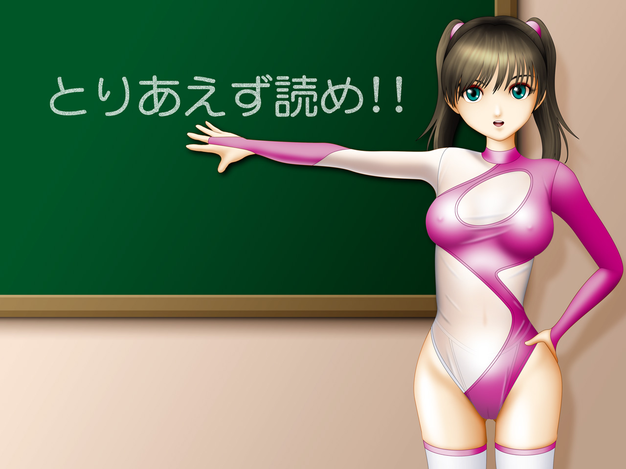 samejima minoru, original, translated, 1girl, breasts, brown hair, cameltoe, chalkboard, covered erect nipples, female focus, green eyes, hand on own hip, hip focus, leotard, long hair, medium breasts, panties, pantylines, see-through clothes, solo, thighhighs, twintails, underwear, white thighhighs