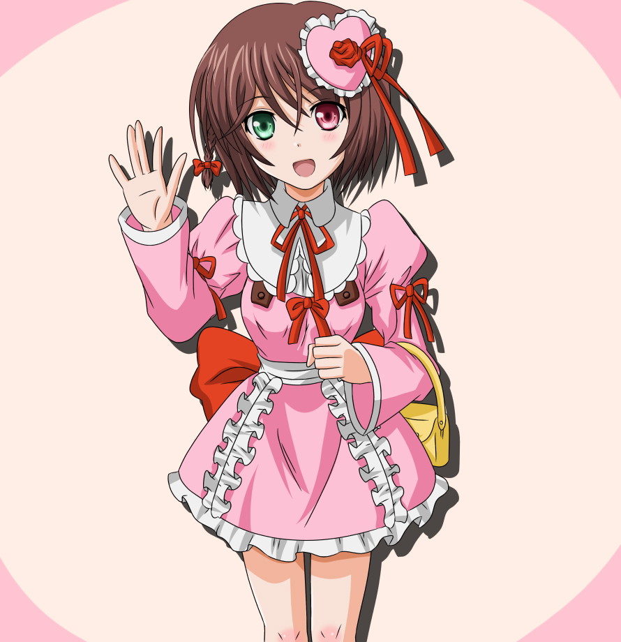 takumi (rozen garten), souseiseki, rozen maiden, 00s, 1girl, bag, braid, brown hair, dress, elbow carry, female focus, hair ornament, handbag, heterochromia, ribbon, short hair, solo, waving