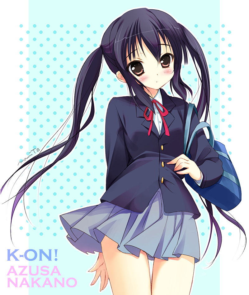 mamita, nakano azusa, k-on!, 00s, 1girl, bag, black hair, blush, brown eyes, female focus, long hair, neck ribbon, red ribbon, ribbon, school uniform, skirt, solo, thighs, twintails