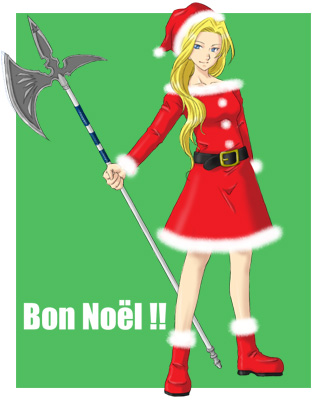 k-ma, glycine bleumer, sakura taisen, sakura taisen iii, sega, lowres, translated, 00s, axe, blonde hair, blue eyes, christmas, french text, halberd, hat, long hair, polearm, santa costume, santa hat, weapon