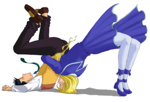 k-ma, glycine bleumer, oogami ichirou, sakura taisen, sakura taisen iii, sega, 00s, blonde hair, dress, german suplex, high heels, long hair, pantyhose, shoes, suplex