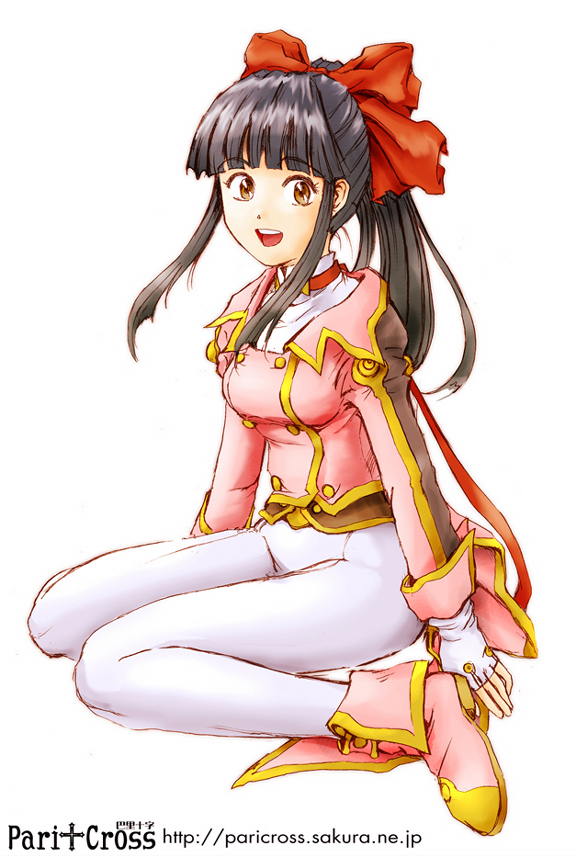 paricross, shinguuji sakura, sakura taisen, 00s, 1girl, ankle boots, artist name, black hair, boots, bow, brown eyes, female focus, fingerless gloves, gloves, hair bow, jacket, long hair, looking at viewer, military, military uniform, open mouth, pants, pink boots, ponytail, red bow, simple background, sitting, smile, solo, tight clothes, tight pants, wariza, watermark, web address, white background, white pants