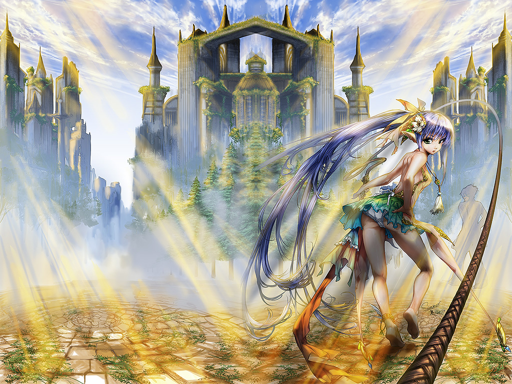 summer7, original, 1girl, anklet, barefoot, blue hair, dancer, elf, flower, hair ornament, jewelry, long hair, panties, pantyshot, pointy ears, ponytail, underwear, very long hair, whip