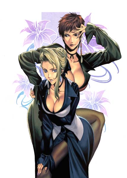 homare (fool's art), mature (kof), vice (kof), snk, the king of fighters, bad id, bad pixiv id, 2girls, blonde hair, blue eyes, breasts, brown eyes, brown hair, cleavage, large breasts, multiple girls, pantyhose