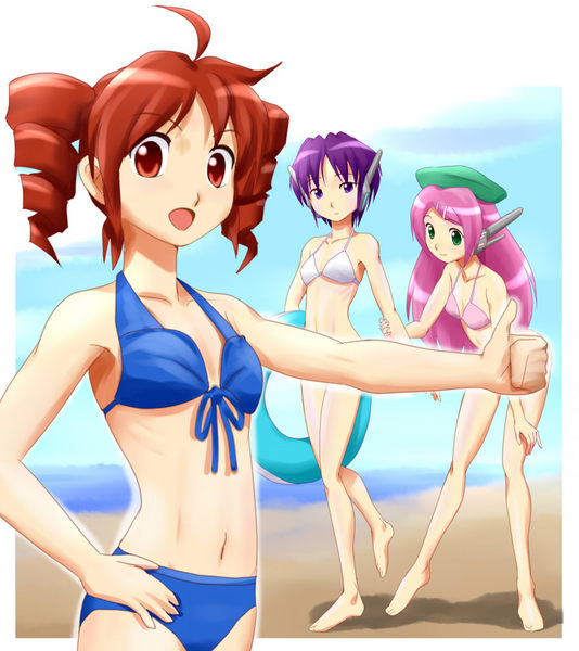 kasane teto, momone momo, utane uta, utau, 3girls, beach, bikini, drill hair, hat, innertube, multiple girls, pink hair, purple hair, swim ring, swimsuit