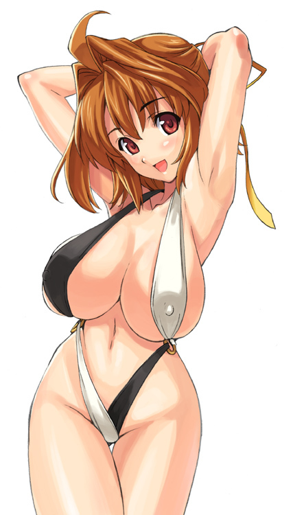 takeda hiromitsu, armpits, arms up, blush, breasts, brown hair, cleavage, curvy, huge breasts, navel, open mouth, pretzel bikini, red eyes, ribbon, smile, solo, swimsuit