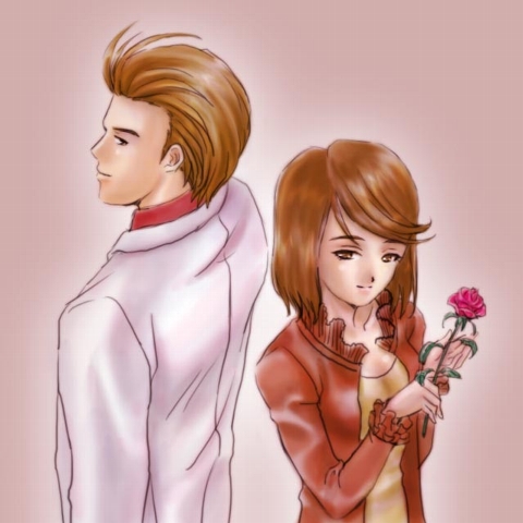 hutoshi akira, fujieda kaede, kayama yuuichi, sakura taisen, sakura taisen ii, lowres, 00s, brown eyes, brown hair, casual, flower, rose, short hair