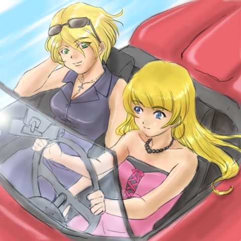 hutoshi akira, maria tachibana, ratchet altair, sakura taisen, sakura taisen movie, sakura taisen v, lowres, 00s, 2girls, arm rest, bare shoulders, blonde hair, blue eyes, car, car interior, casual, cockpit, dress, driving, earrings, eyewear on head, female focus, green eyes, hoop earrings, jewelry, left-hand drive, long hair, looking at another, motor vehicle, multiple girls, necklace, pink dress, short hair, sitting, sleeveless, smile, strapless, strapless dress, sunglasses, wind, wind lift