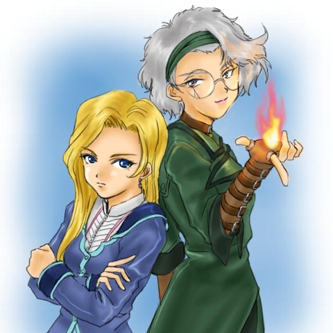 hutoshi akira, glycine bleumer, lobelia carlini, sakura taisen, sakura taisen iii, sega, silver hair, lowres, 00s, 2girls, blonde hair, blue eyes, earrings, female focus, fingerless gloves, fire, glasses, gloves, grey eyes, hairband, jewelry, long hair, multiple girls, short hair