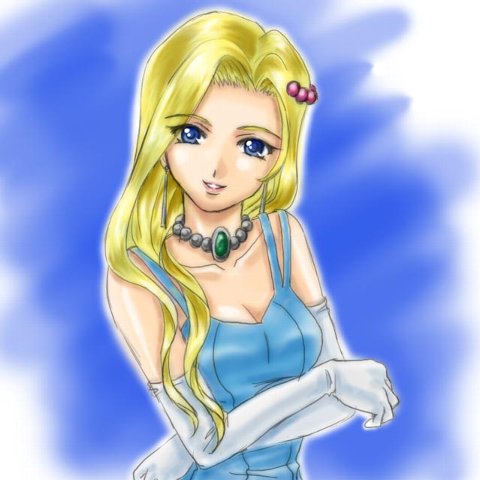 hutoshi akira, glycine bleumer, sakura taisen, sakura taisen iii, lowres, 00s, blonde hair, blue eyes, dress, elbow gloves, gloves, hair ornament, jewelry, long hair, necklace, smile