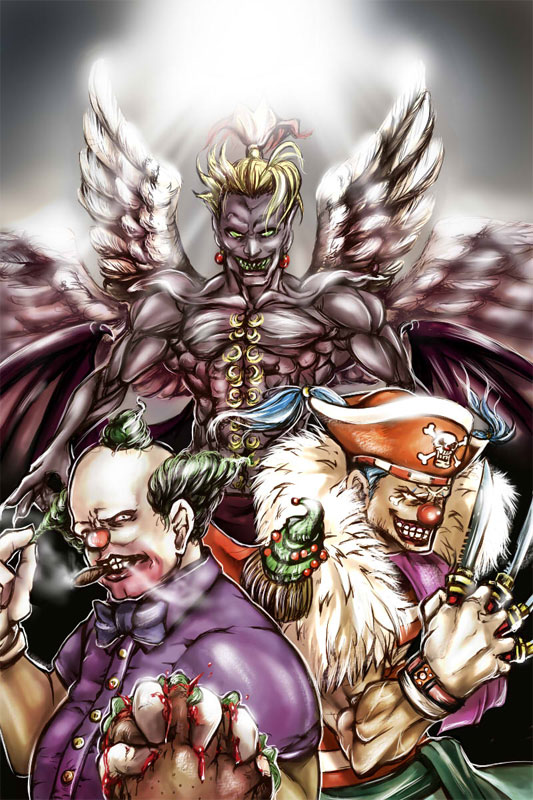 sin (njn1), takemi (tezcatlipoca), buggy the clown, cefca palazzo, chiba shigeru, krusty the clown, final fantasy, final fantasy vi, one piece, the simpsons, spoilers, 1990s (style), 3boys, angel, angel wings, blonde hair, blue hair, bow, bowtie, burger, cigar, clown, crossover, evil grin, evil smile, food, grabbing another's hair, green hair, grin, hat, holding another's hair, knife, male focus, multiple boys, multiple crossover, multiple wings, muscular, pirate, pirate hat, ponytail, realistic, retro artstyle, seraph, short twintails, smile, smoking, teeth, trait connection, twintails, voice actor connection, wings