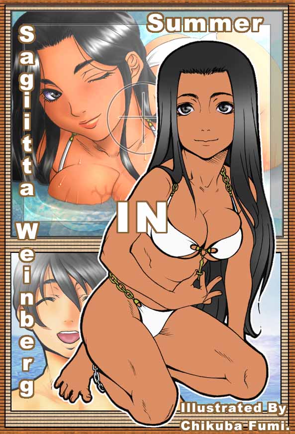 chikuba fumi, sagitta weinberg, taiga shinjirou, sakura taisen, sakura taisen v, sega, jpeg artifacts, 00s, 1boy, 1girl, barefoot, bikini, black hair, breasts, cleavage, closed eyes, dark skin, grey eyes, large breasts, long hair, one eye closed, smile, swimsuit, water, wink