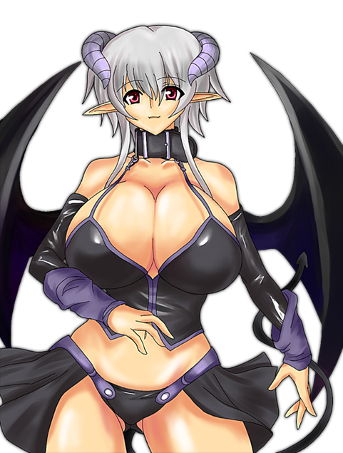 umino mokuzu (a4 size), silver hair, 1girl, breasts, cleavage, collar, demon girl, detached sleeves, female focus, horns, huge breasts, midriff, navel, pink eyes, pointy ears, red eyes, solo, tail, wings