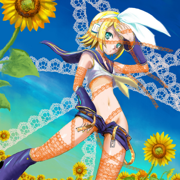 oxoxox, yamatomaru keruwo, kagamine rin, vocaloid, resized, belt, blonde hair, blue eyes, breasts, flat chest, flower, hair ornament, hair ribbon, hairclip, lace, legs, midriff, no panties, open fly, open shorts, pixiv thumbnail, ribbon, shorts, sunflower, underboob, undressing, unzipped