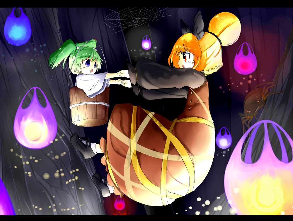 hyara, kisume, kurodani yamame, touhou, bad id, bad pixiv id, 2girls, blonde hair, blue eyes, bucket, female focus, full body, green hair, in bucket, in container, multiple girls, red eyes, short hair, twintails