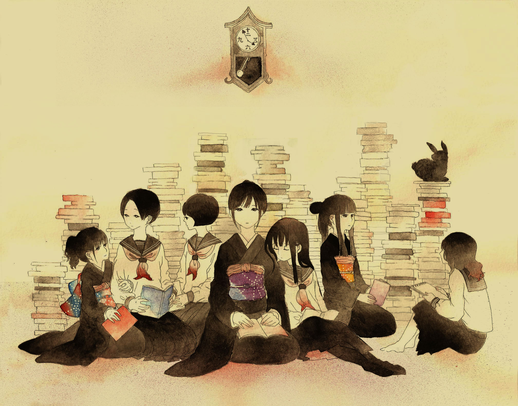 funaoka, highres, 6+girls, barefoot, book, book stack, clock, fine art parody, japanese clothes, multiple girls, nihonga, parody, school uniform, serafuku, ukiyo-e