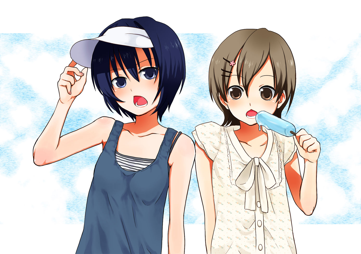 ri hisashi, rio (usagiya), mako-chan (minami-ke), makoto (minami-ke), minami touma, minami-ke, bad id, bad pixiv id, 00s, 1boy, 1girl, androgynous, crossdressing, food, hair ornament, hairpin, popsicle, reverse trap, short hair, trap
