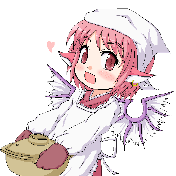 sanzan, mystia lorelei, okamisty, touhou, pot, 1girl, animal ears, apron, female focus, heart, oekaki, oven mitts, pink hair, short hair, solo, wings