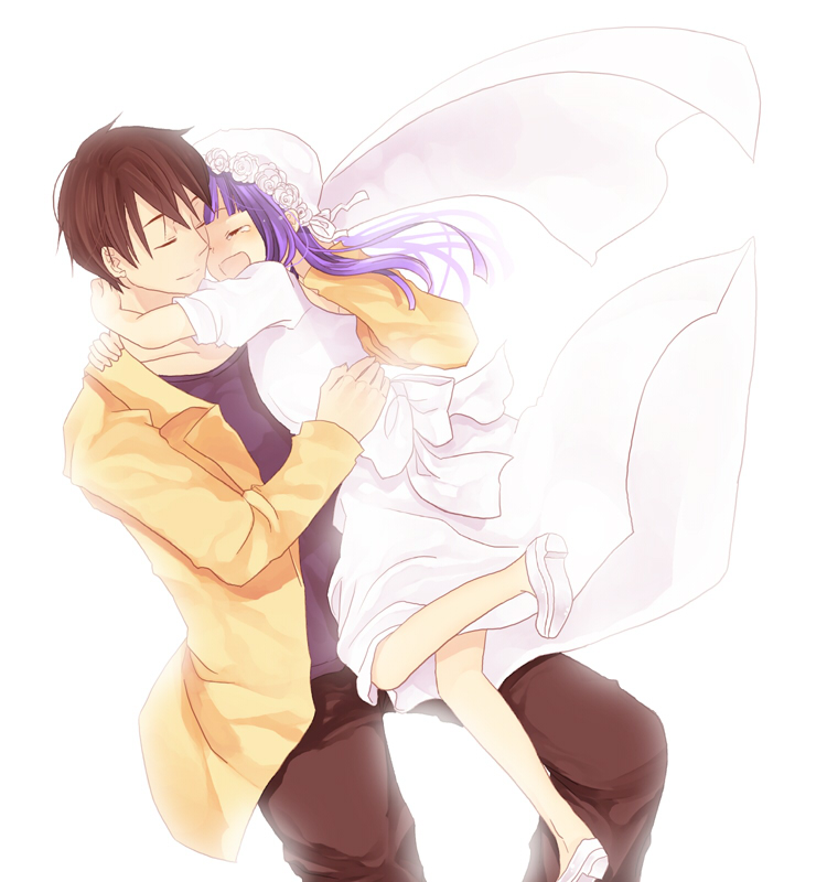 mocco, akasaka mamoru, furude rika, higurashi no naku koro ni, bad id, bad pixiv id, 00s, 1boy, 1girl, age difference, bride, brown hair, closed eyes, dress, happy, happy tears, hetero, hug, long hair, open mouth, purple hair, tears, wedding dress