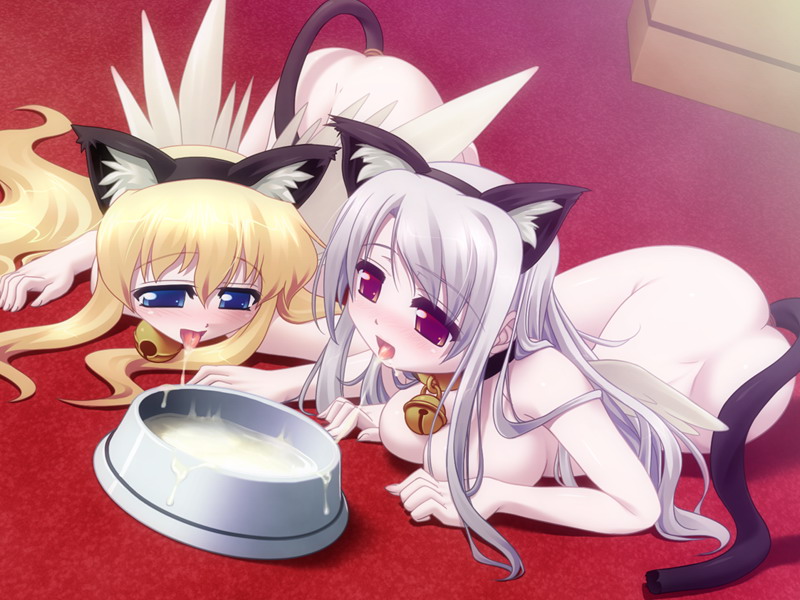 angel, animal ears, blush, collar, cum, lying, smile, tail, wings