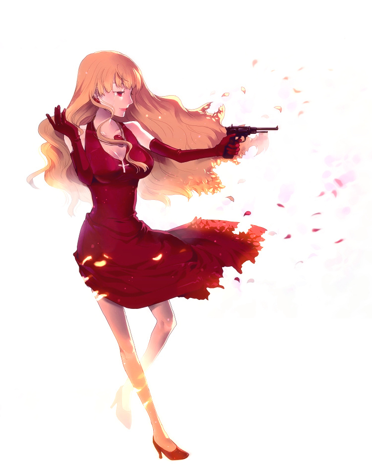 sunakumo, stardust, elysion, sound horizon, 1girl, blonde hair, breasts, dissolving, dress, elbow gloves, female focus, formal clothes, gloves, gun, handgun, high heels, petals, red dress, red eyes, solo, tears, weapon