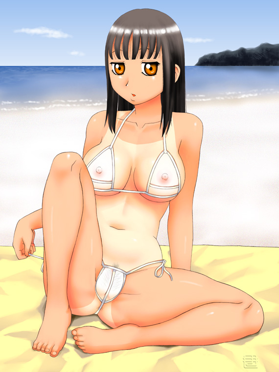 tagme, 1girl, beach, bikini, breasts, feet, female focus, nipples, outdoors, see-through clothes, sky, solo, swimsuit