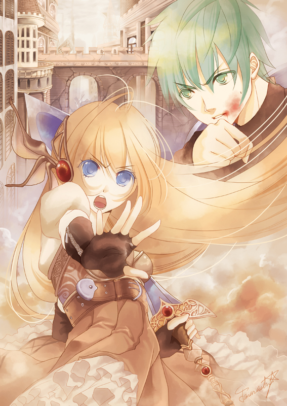 okuma mai, original, bad id, bad pixiv id, blonde hair, blood, blue eyes, elbow gloves, fingerless gloves, gloves, green eyes, green hair, hair ornament, sword, weapon