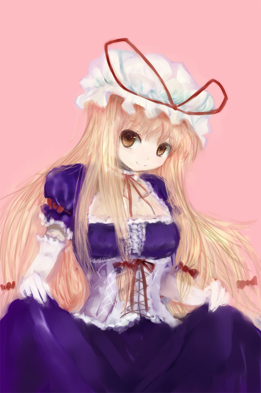 amii, yakumo yukari, touhou, bad id, bad pixiv id, 1girl, blonde hair, corset, elbow gloves, female focus, gloves, hair ribbon, hat, long hair, ribbon, simple background, smile, solo, yellow eyes