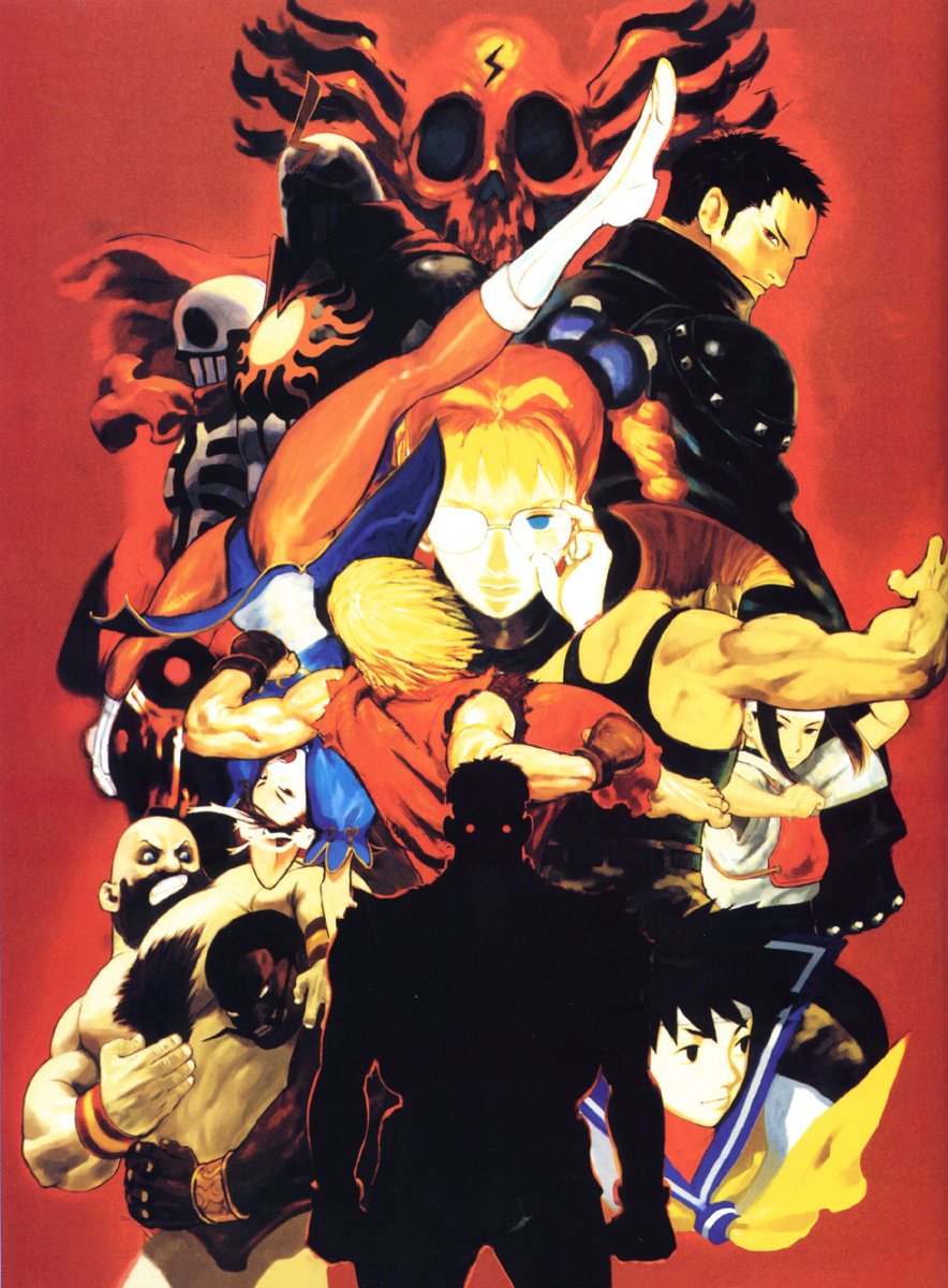 ace (arika), area (arika), chun-li, darun mister, garuda (arika), guile, hokuto (arika), kasugano sakura, ken masters, ryu (street fighter), shadow geist, skullomania, zangief, arika, capcom, street fighter, street fighter ex (series), highres, official art, 4girls, 6+boys, armband, beard, black hair, blonde hair, blue eyes, blue sailor collar, chest hair, dougi, facial hair, glasses, gloves, glowing, glowing eyes, mohawk, multiple boys, multiple girls, muscular, mustache, pantyhose, red eyes, sailor collar, scarf, school uniform, short hair, silhouette, skull