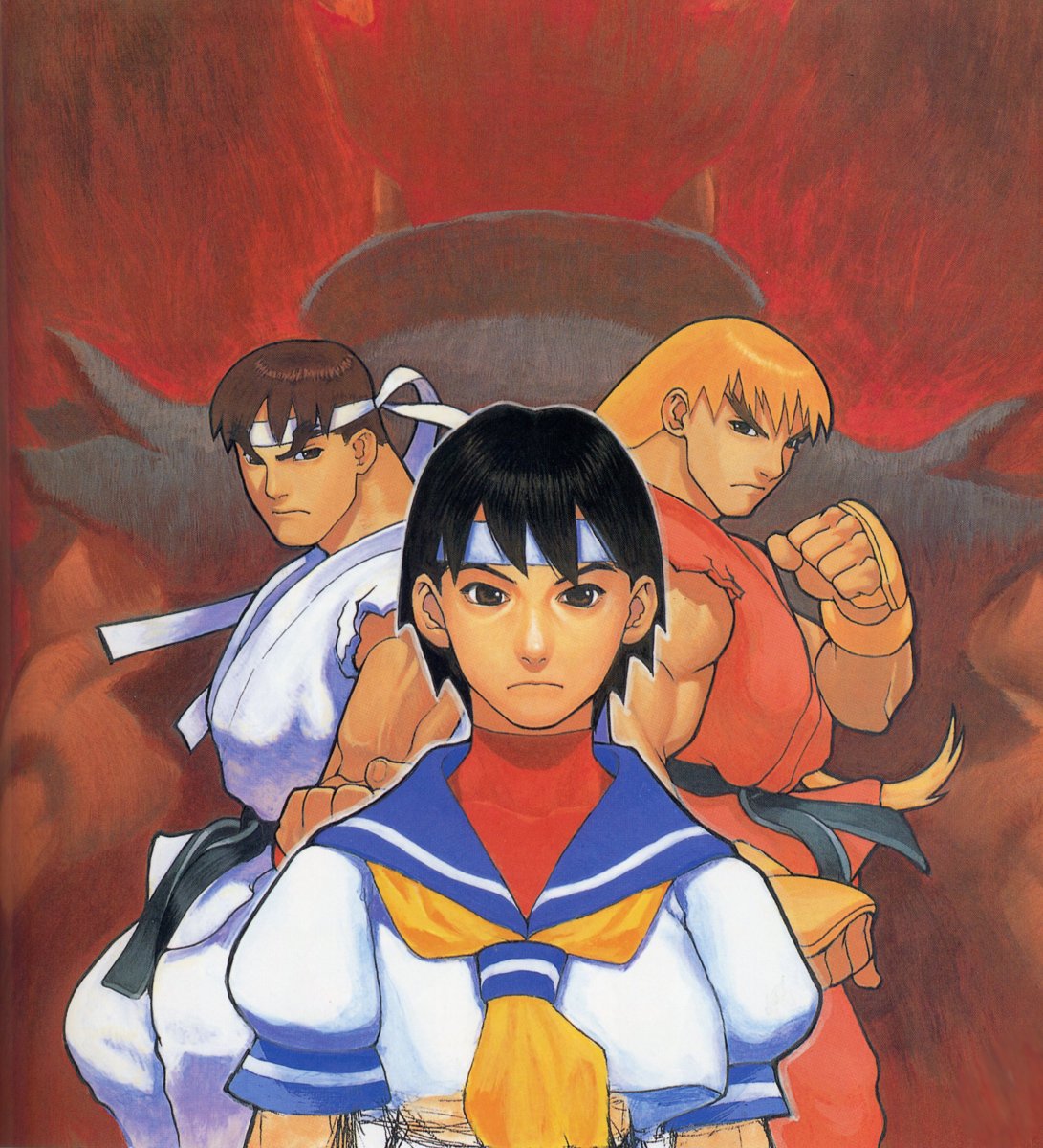 ikeno daigo, akuma (street fighter), kasugano sakura, ken masters, ryu (street fighter), capcom, street fighter, street fighter zero (series), highres, official art, 1990s (style), 1girl, 3boys, blue sailor collar, headband, multiple boys, sailor collar, school uniform, serafuku