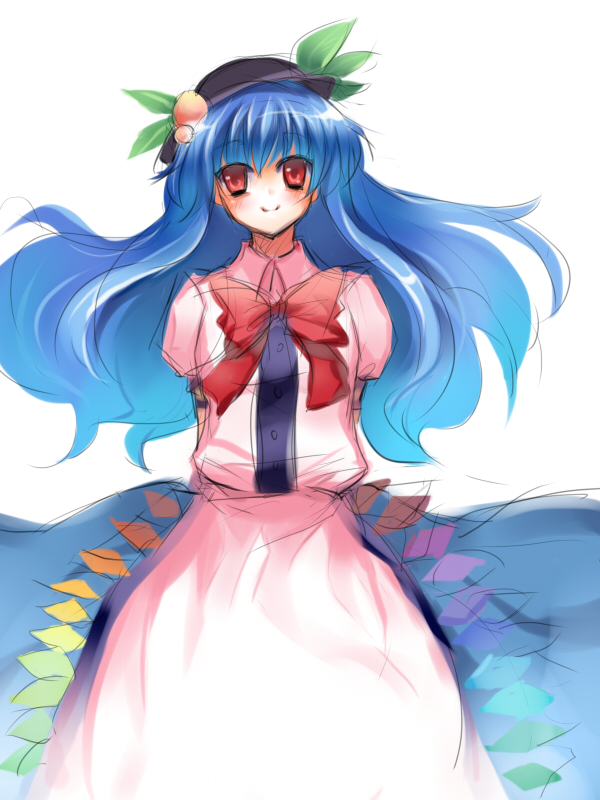 rie (reverie), hinanawi tenshi, touhou, 1girl, arms behind back, blue hair, bow, female focus, hat, long hair, red eyes, smile, solo