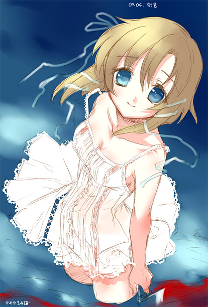 kamiya maneki, ryuuguu rena, higurashi no naku koro ni, 00s, 1girl, bare shoulders, blonde hair, blood, blue eyes, brown hair, cleaver, dress, female focus, from above, hashitsuki nata, looking up, nata (tool), short hair, sketch, smile, solo, strap slip, sundress
