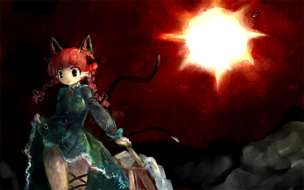 amii, kaenbyou rin, kurodani yamame, touhou, 1girl, animal ears, braid, cat ears, cat girl, cat tail, female focus, hair ribbon, red eyes, red hair, ribbon, solo, standing, tail, twin braids