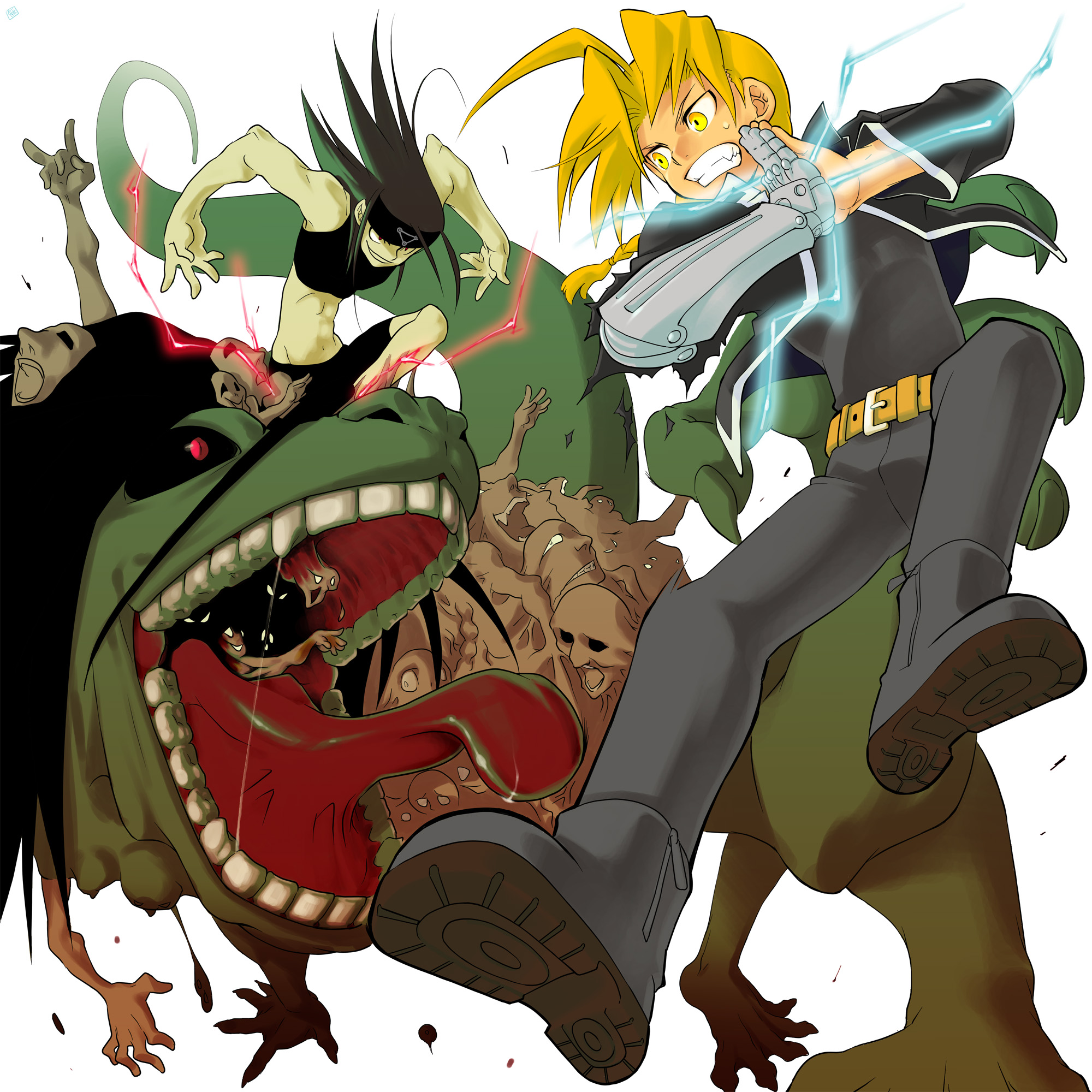 nainoki, edward elric, envy (fma), fullmetal alchemist, homunculus, bad id, bad pixiv id, highres, spoilers, 00s, 2boys, alchemy, androgynous, angry, battle, belt, blonde hair, boots, braid, clenched teeth, fang, green hair, headband, long hair, male focus, midriff, monster, multiple boys, prosthesis, red eyes, scowl, single braid, snarl, sweat, sweatdrop, teeth, tongue, yellow eyes