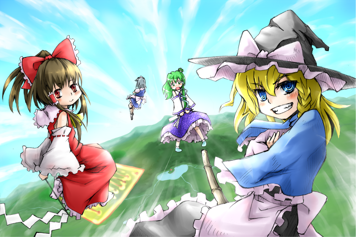 taker, taker (flamestorm), hakurei reimu, izayoi sakuya, kirisame marisa, kochiya sanae, touhou, 4girls, blonde hair, blush, broom, detached sleeves, female focus, flying, gohei, grin, hat, japanese clothes, miko, multiple girls, smile, witch, witch hat