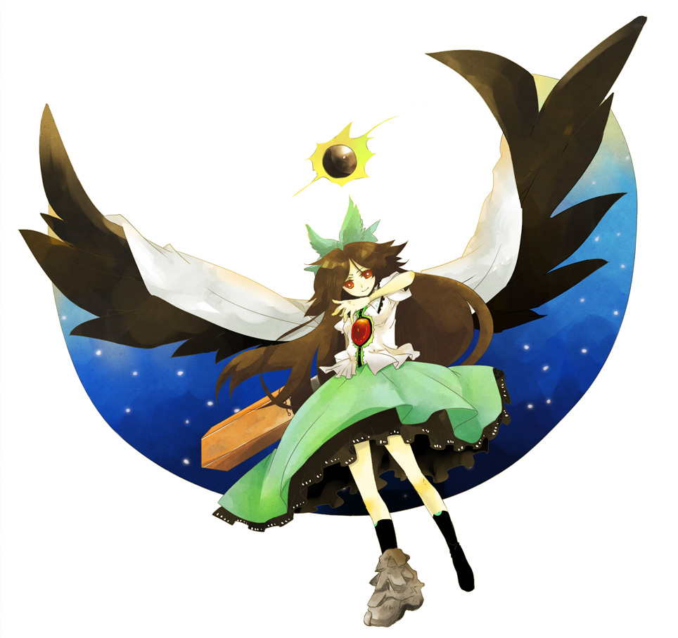 uru uzuki, yuzuki (pixiv), reiuji utsuho, touhou, bad id, bad pixiv id, 1girl, brown hair, female focus, hair ribbon, long hair, red eyes, ribbon, solo, wings