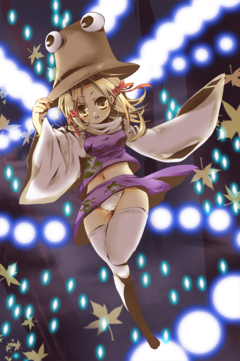 uru uzuki, yuzuki (pixiv), moriya suwako, touhou, highres, 1girl, blonde hair, danmaku, female focus, hat, midriff, navel, panties, solo, striped clothes, striped panties, thighhighs, underwear, white thighhighs