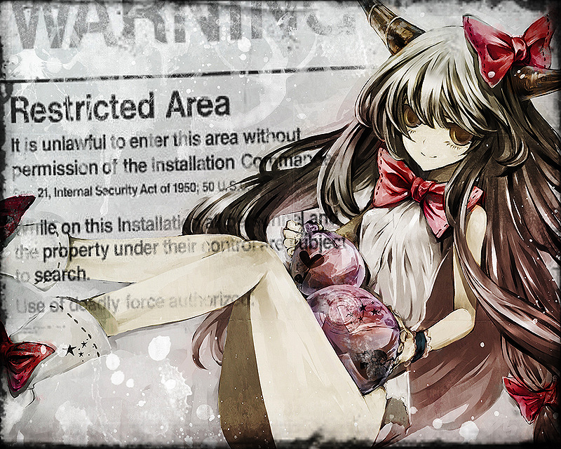 duca, ibuki suika, touhou, 1girl, bottomless, female focus, horns, ribbon, solo