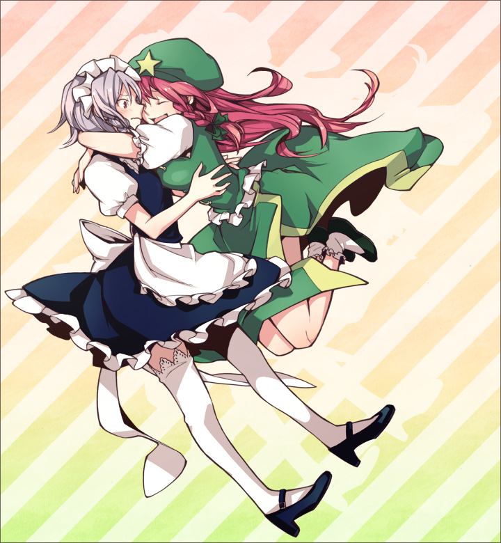 nakatani, hong meiling, izayoi sakuya, embodiment of scarlet devil, touhou, silver hair, 2girls, female focus, hug, jumping, maid, multiple girls, red hair, thighhighs, white thighhighs, yuri