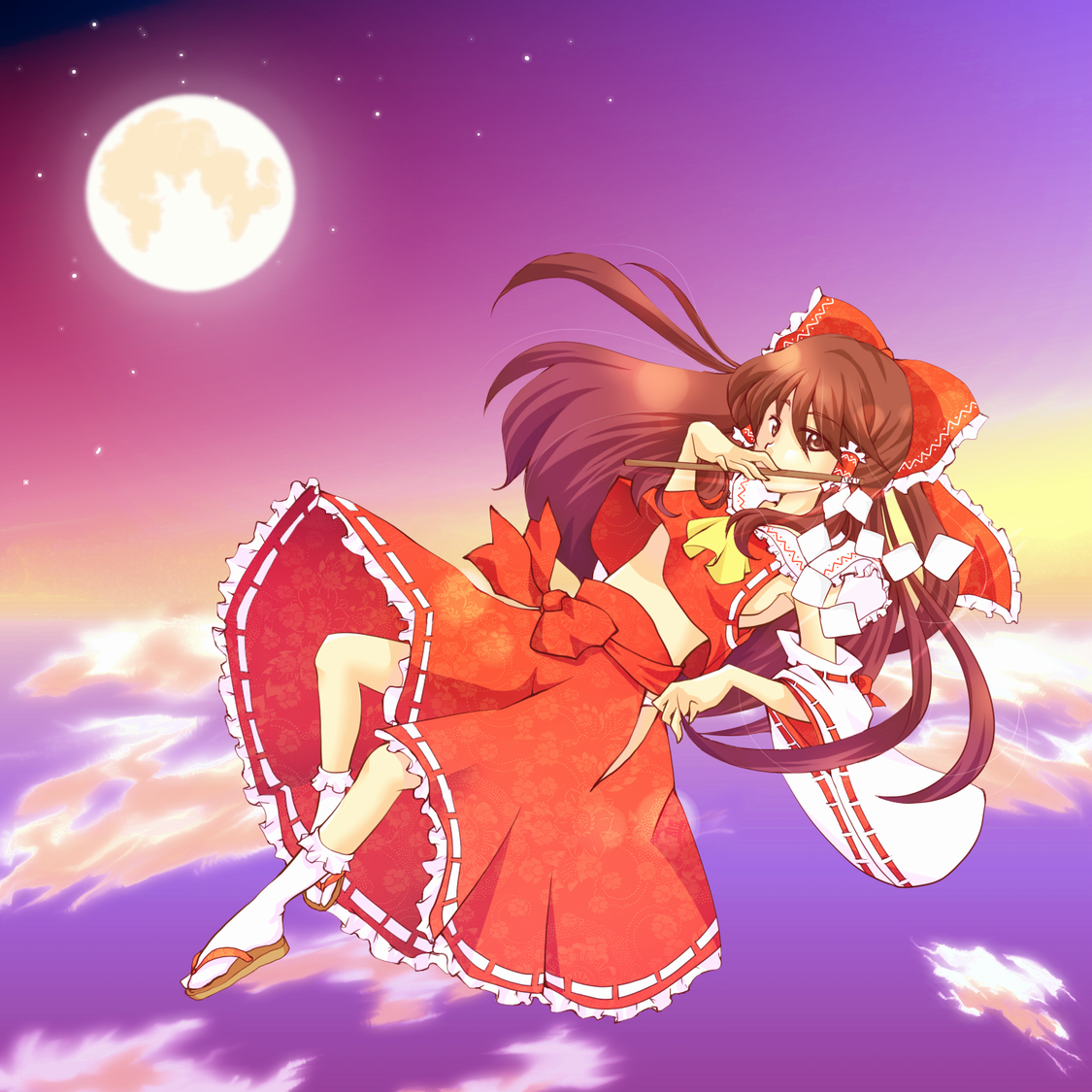 sen1986, hakurei reimu, mountain of faith, touhou, 1girl, breasts, covering own mouth, detached sleeves, female focus, flying, full moon, gohei, hand over mouth, hand over own mouth, japanese clothes, midriff, miko, moon, sandals, sideboob, sky, solo