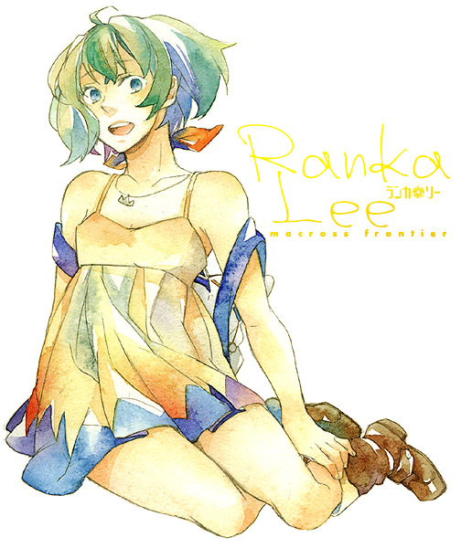 hachi 888, ranka lee, macross, macross frontier, bad id, bad pixiv id, 00s, 1girl, :d, ahoge, backpack, bag, blue eyes, boots, breasts, brown boots, character name, collarbone, copyright name, dress, female focus, full body, green hair, hair ribbon, jewelry, open mouth, pendant, red ribbon, ribbon, short dress, short hair, simple background, sitting, sleeveless, sleeveless dress, small breasts, smile, solo, strap slip, teeth, white background