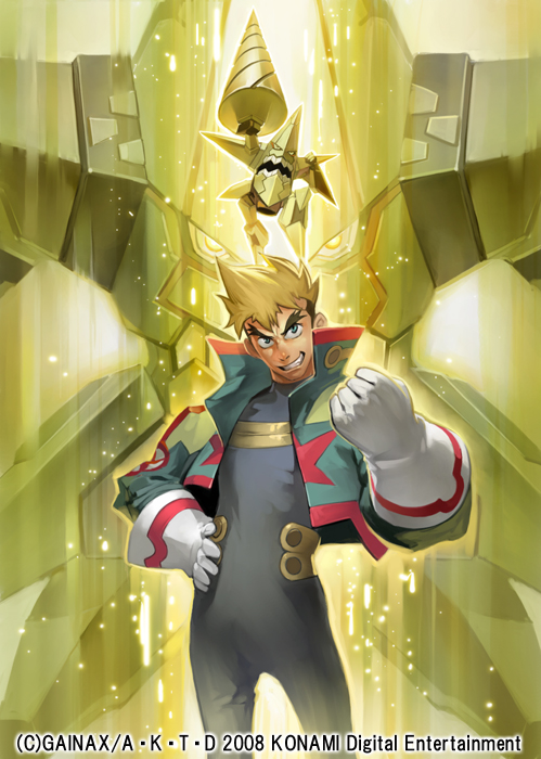 takayama toshiaki, king kittan, kittan bachika, tengen toppa gurren lagann, official art, 00s, 1boy, 2008, drill, male focus, mecha, robot, solo, super robot, watermark, yellow background