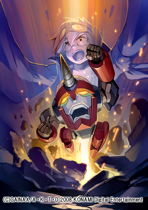 takayama toshiaki, lagann, simon (ttgl), tengen toppa gurren lagann, official art, 00s, 1boy, gradient background, male focus, mecha, robot, solo, super robot, watermark