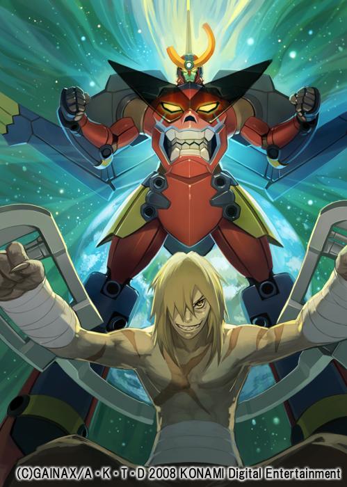 takayama toshiaki, gurren-lagann, viral (ttgl), tengen toppa gurren lagann, official art, 00s, 1boy, gradient background, male focus, mecha, robot, solo, space, super robot, topless male, watermark