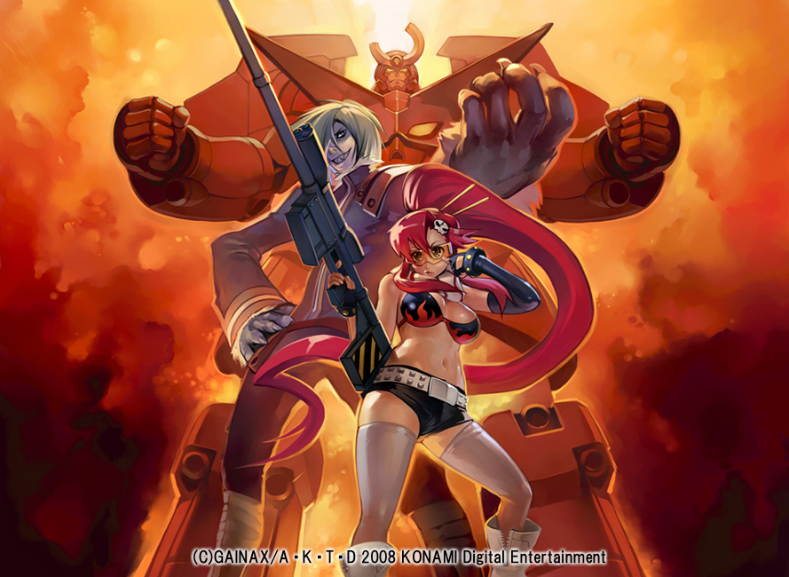 takayama toshiaki, gurren-lagann, viral (ttgl), yoko littner, tengen toppa gurren lagann, visor, official art, 00s, adjusting eyewear, adjusting glasses, anti-materiel rifle, belt, gun, mecha, orange-tinted eyewear, orange-tinted glasses, ponytail, red hair, rifle, robot, safety glasses, short shorts, shorts, sniper rifle, sunglasses, super robot, thighhighs, tinted eyewear, watermark, weapon, yellow-tinted eyewear