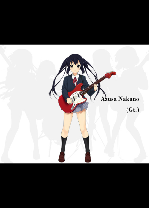 mizuki makoto, nakano azusa, k-on!, 00s, 1girl, black hair, female focus, guitar, instrument, long hair, mustang (guitar), sakuragaoka high school uniform, school uniform, shoes, socks, solo, standing, twintails