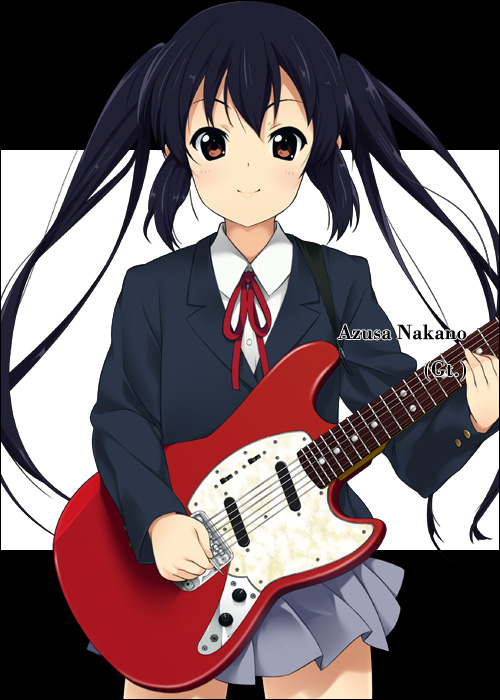 mizuki makoto, nakano azusa, k-on!, 00s, 1girl, black hair, female focus, guitar, instrument, long hair, mustang (guitar), neck ribbon, red ribbon, ribbon, school uniform, solo, twintails