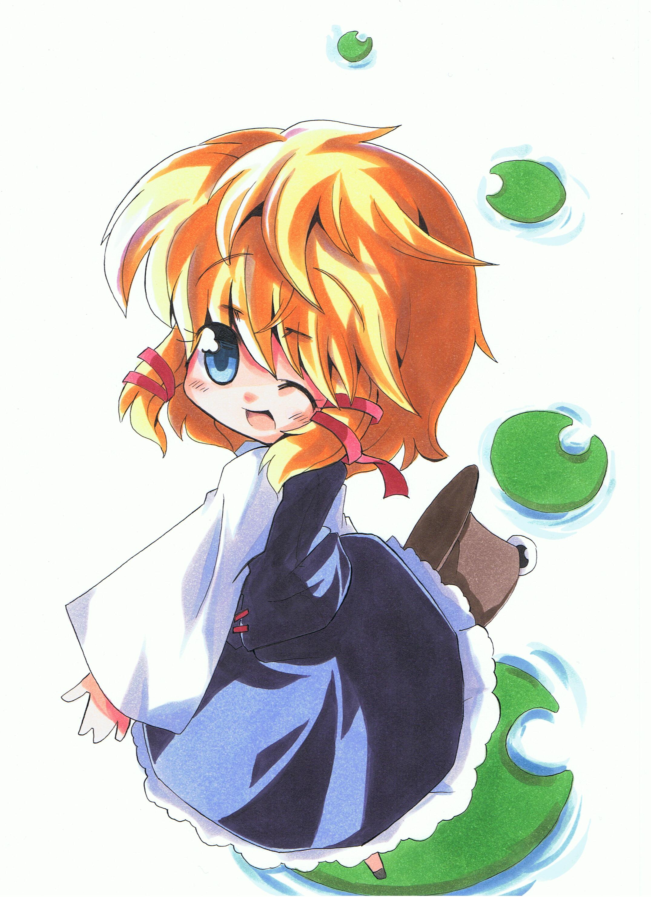 milkpanda, moriya suwako, touhou, absurdres, bad id, bad pixiv id, highres, marker (medium), traditional media, 1girl, blonde hair, blue eyes, female focus, hat, ribbon, short hair, solo