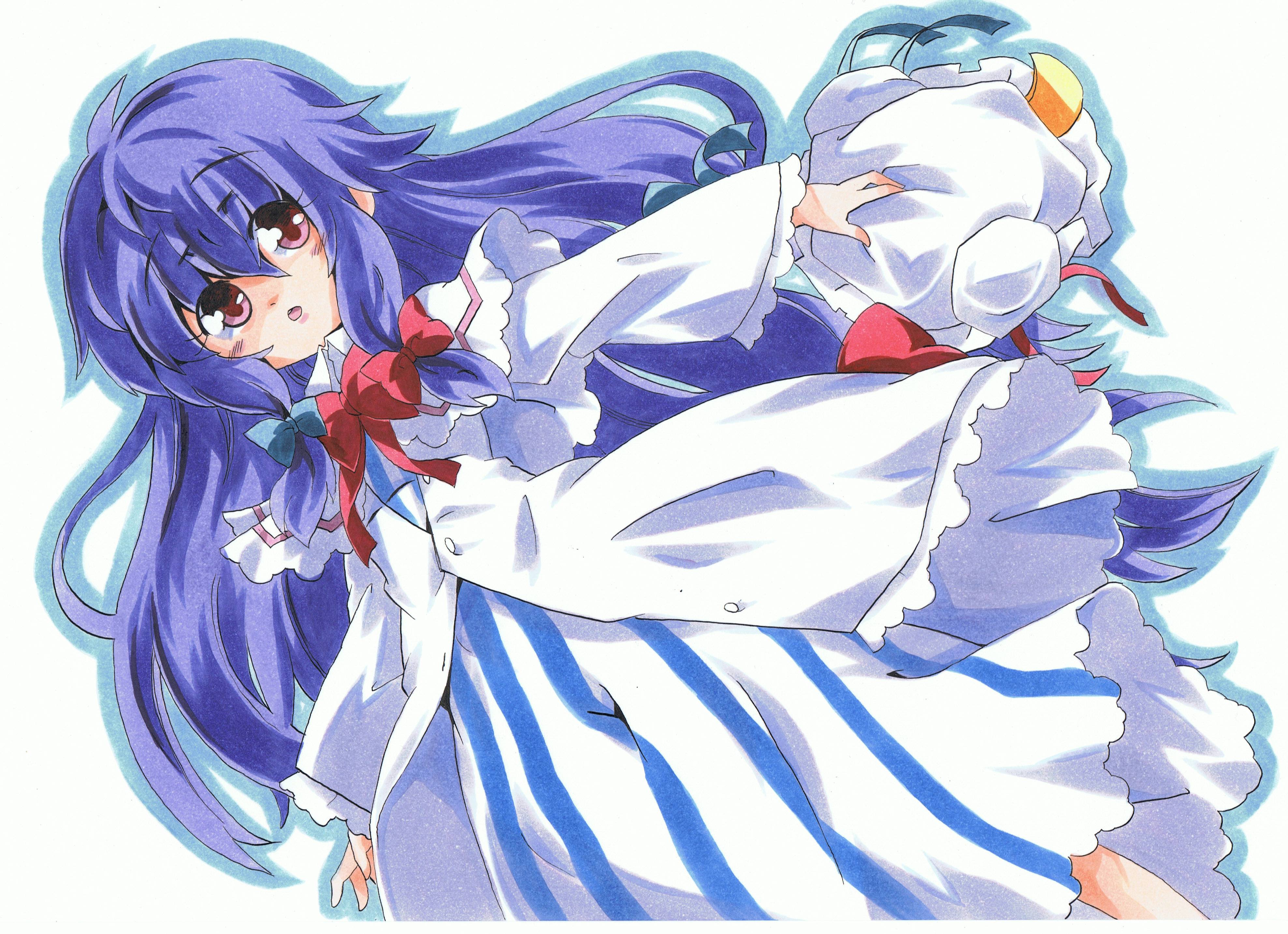 milkpanda, patchouli knowledge, touhou, absurdres, highres, marker (medium), traditional media, 1girl, blush, female focus, hat, long hair, ribbon, simple background, solo