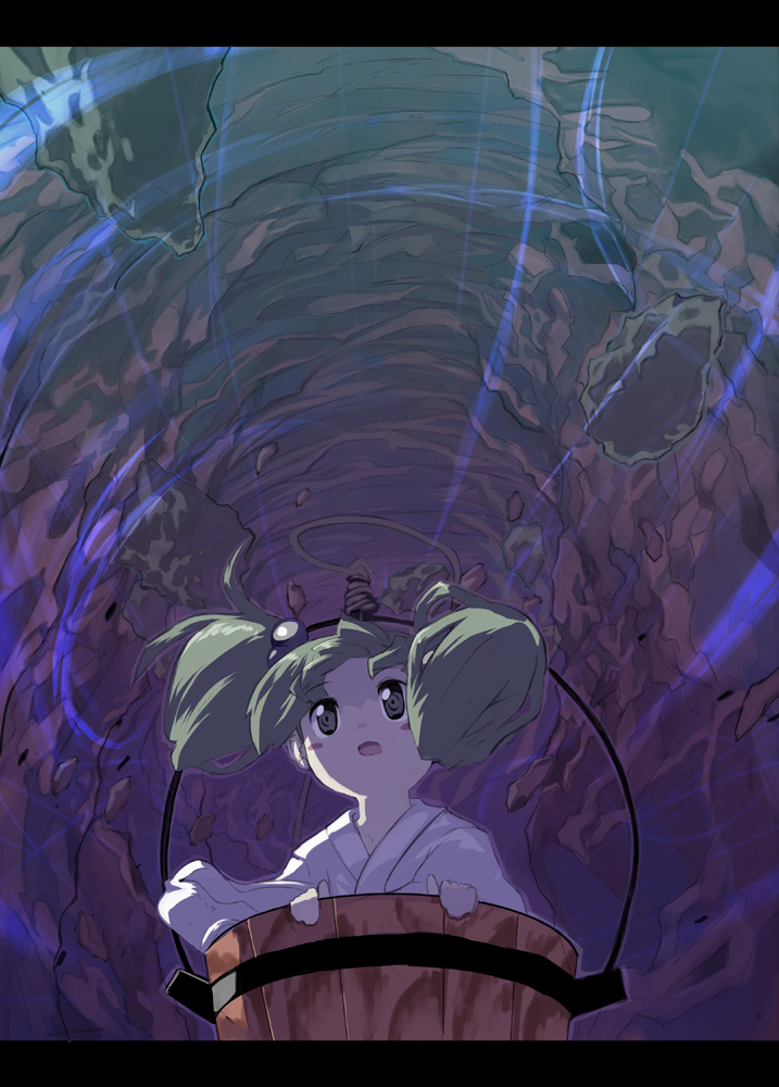 shape, syope, kisume, touhou, 1girl, bucket, cave, female focus, green hair, in bucket, in container, japanese clothes, letterboxed, solo, twintails